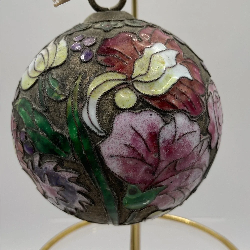 Vintage Enamel Cloisonné Egg Ornament With Ribbon Tie  And Stand
